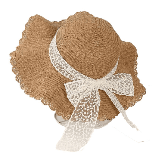 Chapeau de paille marron à large bord avec dentelle, image 1