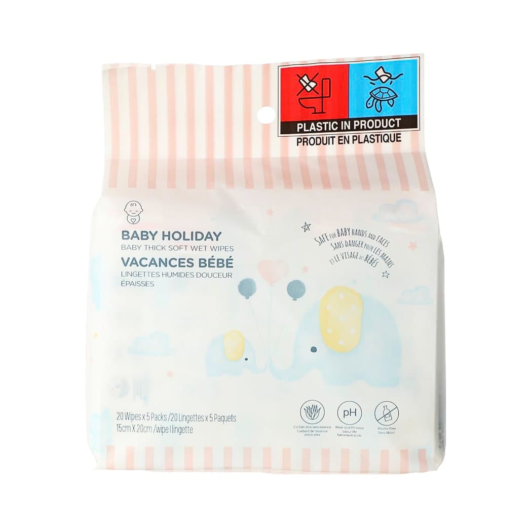 Lingettes bébé épaisses et douces Baby Holiday (20 lingettes × 5 paquets), image 1